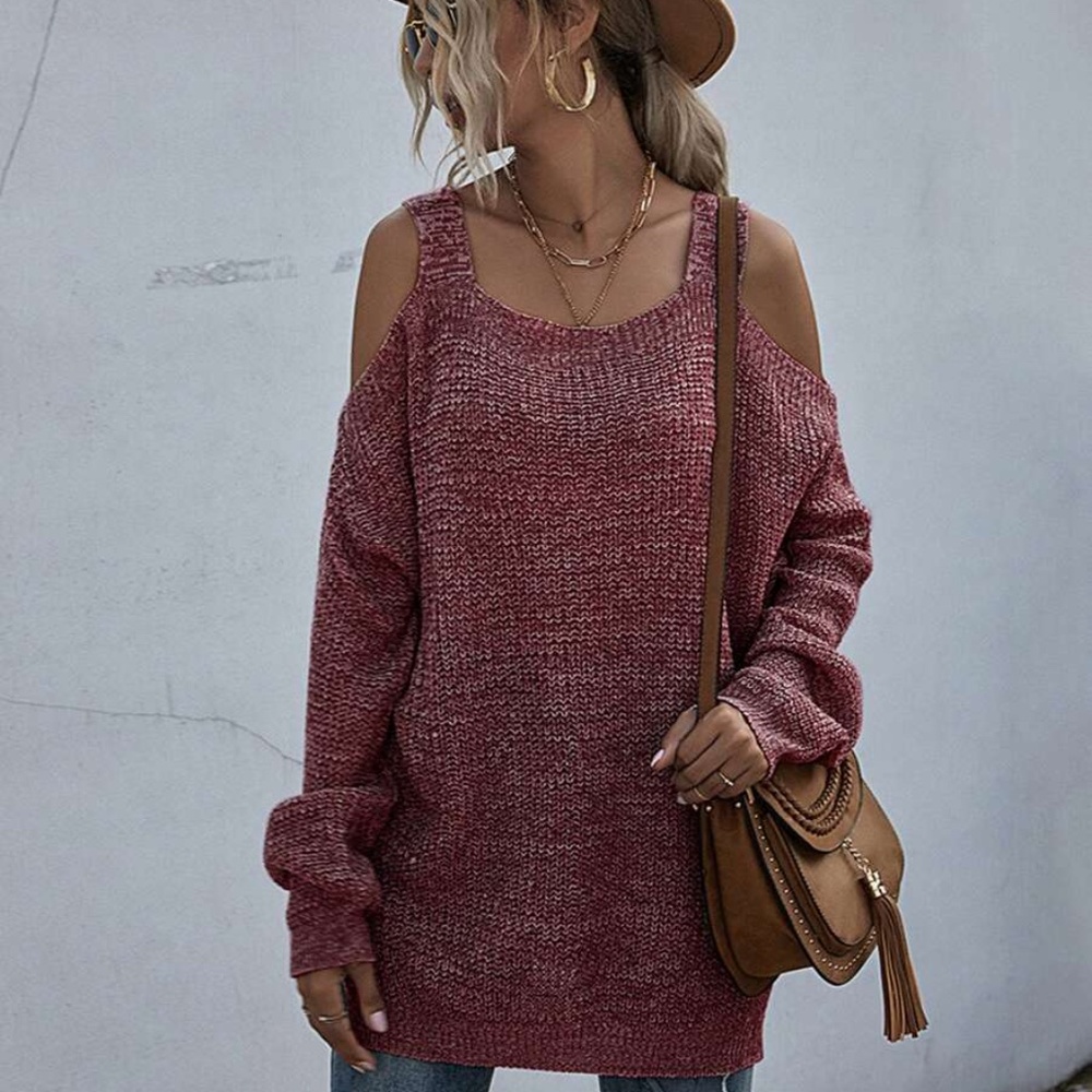 charcoal oversized cold shoulder knit fall sweater - Picture 6 of 11